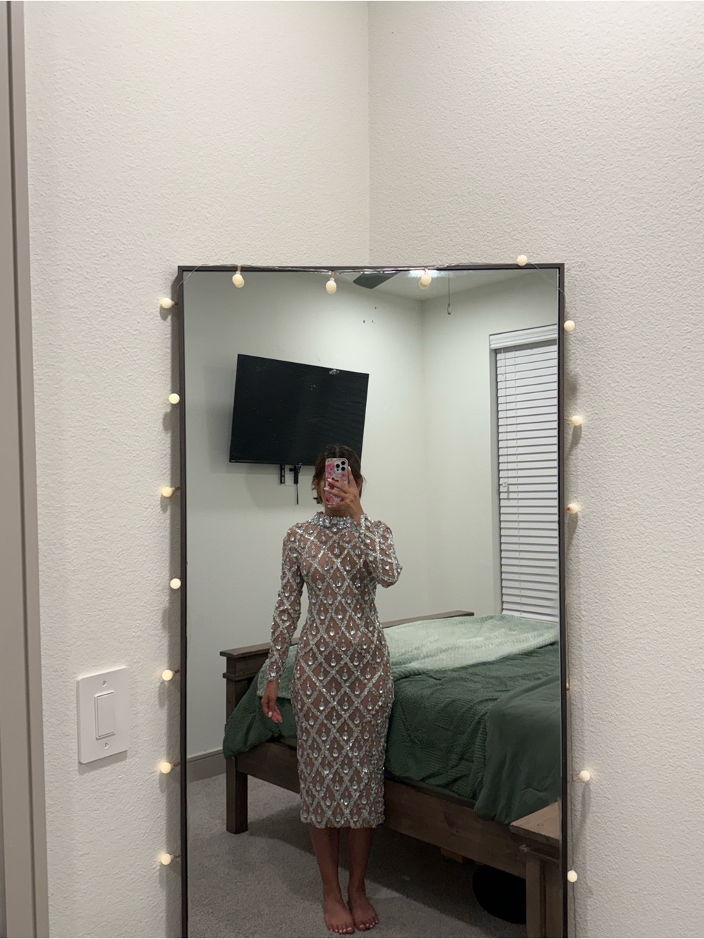 Elegant Long Sleeve Beaded Sheath Dress - Silver Embellishment